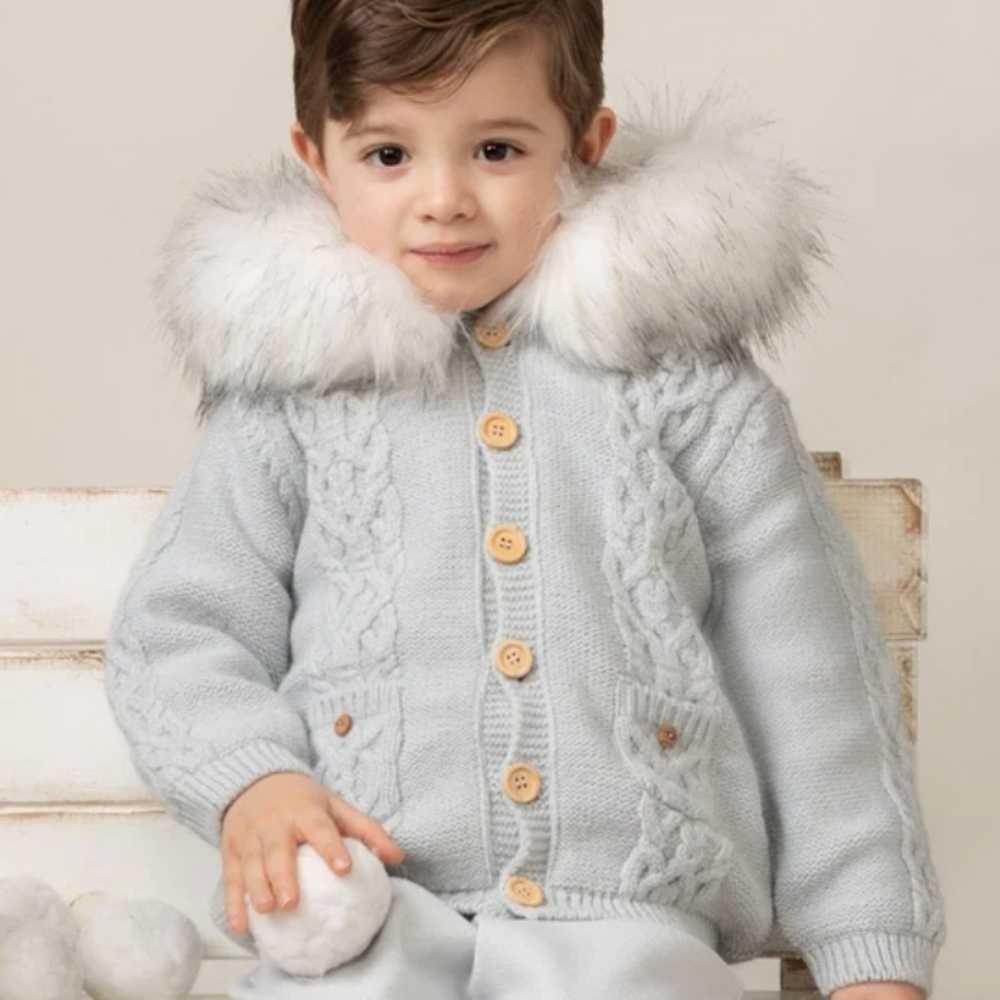 Caramelo Kids Sky Blue Cable Knit Faux Fur Jacket 12-18m